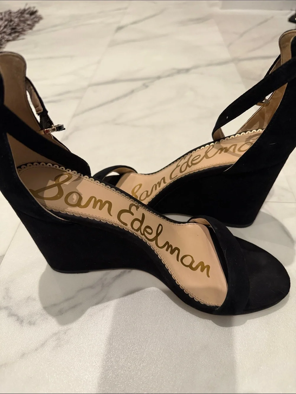Sam Edelman Black Suede Ankle-Strap Wedges